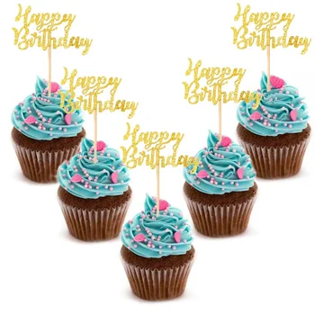 10pcs Gittler Pulveris Happy Birthday Cake Topper Bling Dzirksti Apdare Zīme Cupcake Cilindrs Meitene Dzimšanas dienas Deserts Dekori