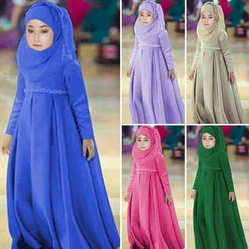 3 Gabals Abaya Hijab Kleita Meitenēm Musulmaņu Lakatu Loku, Halāti Lūgšanu Komplekti Niqab Burqa Bērniem Cietā Zaudēt Abayas Islāma Apģērba Ramadan