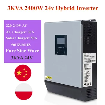 3KVA 2400W 24v 220v Hibrīda Saules Inverter Pure Sine Wave ar 50A saules lādētājs kontrolieris un 30A AC uz DC akumulatora lādētājs