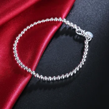 925 Sterling silver Classic 4MM apaļas pērles ķēdes Rokassprādzes sievietēm, Kāzu svinības, Savvaļas Ziemassvētku Dāvanu modes Rotaslietas