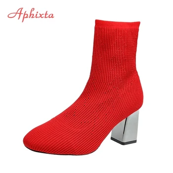 Aphixta 2022 Jaunu Modes Potītes Zābaki Sieviešu Kurpes Elastīgās Zeķes Boot Chunky Augstiem Papēžiem Stiept Sexy Zābaciņi Norādīja Toe Plus 41 43