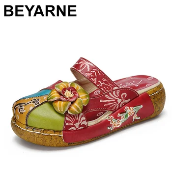 BEYARNE vasaras sandales īstas ādas kurpes sieviešu bieza papēža platformas sandales sieviešu čības etniskā sandales