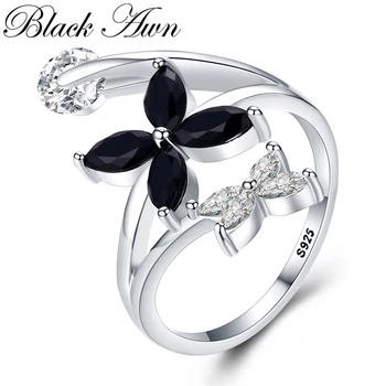 [BLACK AKOTS] Gudrs Sudraba Krāsu Rotaslietas Zircon Ziedu Elegants Kāzu Gredzeni Sievietēm Black Spinel Meitene Pirkstu Gredzenu G055