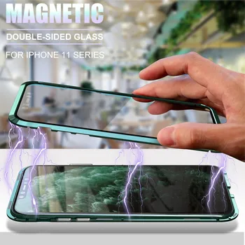 Flip Metāla magnētiskās 360 tālrunis lietā par iphone 11 pro max XR XSMAX 7 8 PLUS double sided rūdīta stikla vāks iphone 11 lieta