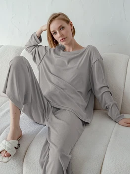 Hiloc Melns Svītrains Mājas Tērps Sievietēm Sleepwear Long Sleeve Komplekti, Sieviešu Apģērbs, Pelēks Adīts Sieviešu Mājas Apģērba 2022 Pidžamas