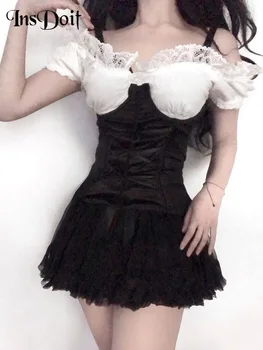 InsDoit Lolita Stila Pārsējs Melna Korsete, Svārki Sievietēm Gothic Apģērbu Vasaras Seksīgu Augsta Vidukļa Svārki Elegantu Estētiku-LINE Svārki