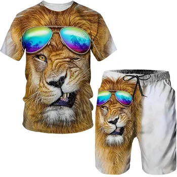 Lauva Karalis T Krekls Vīriešiem Komplekti Vīriešu Modes Apģērbu Streetwear 3D Drukāšanas Vasaras O Apkakli, Īsām Piedurknēm Krekli, Gadījuma Šorti Uzvalks