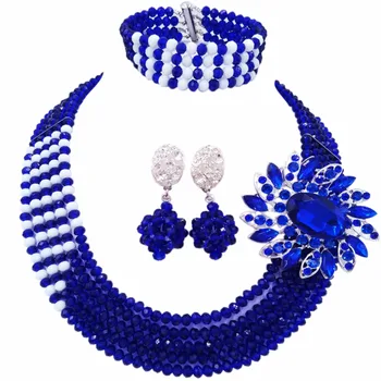 Modes Royal Blue White Multi Virzieni Paziņojumu Kaklarota Nigērijas Krelles Āfrikas Juvelierizstrādājumu Komplekts Crystal Kāzu Komplekti 5JZ19