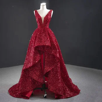 Seksīga un apburoša sarkana Sequin augsta un zema vakara kleita sieviešu elegants ilgi luksusa V-veida kakla 2022 Puse Kleita Balles Kleita