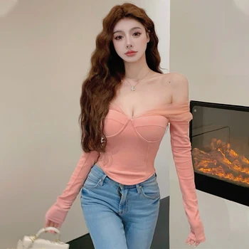 Sieviešu Strapless Acu Plāksteris Backless Slim T-krekli tīrtoņa Krāsu Dāma Slash Kakla Sexy Bodycon T-krekls 2022. gada Pavasarī korejas Mujer Augšu