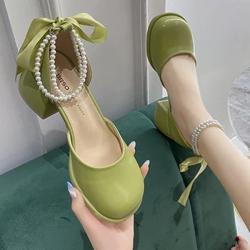 Sieviešu Sūkņi Mary Janes Augstiem Papēžiem Kurpes Lolita Vasaras Chunky Sandales 2022 Jaunu String Biezumu Luksusa Puse Sieviešu Kurpes Mujer Zapatos