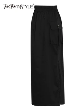 TWOTWINSTYLE Melni Raibs Kabatas Svārki Sievietēm ar Augstu Vidukļa Aukliņu Midi Ikdienas Svārki Sieviešu Modes Jauns Apģērbu Pavasarī
