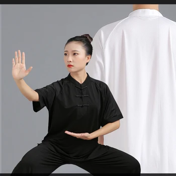 Unisex Cietā Tai Chi Vienotu Īsām Piedurknēm Kung Fu Kostīmu Vasaras Ušu Apģērbu Sievietēm Un Vīriešiem Tang Uzvalks Rīta Vingrošanas Drēbes