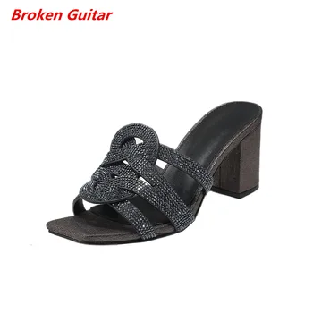 Vasarā vienkārši biezs papēdis atvērtu purngalu pātagot black diamond kvadrātveida galvas augstu papēdi sieviešu sandales pludmales apavi