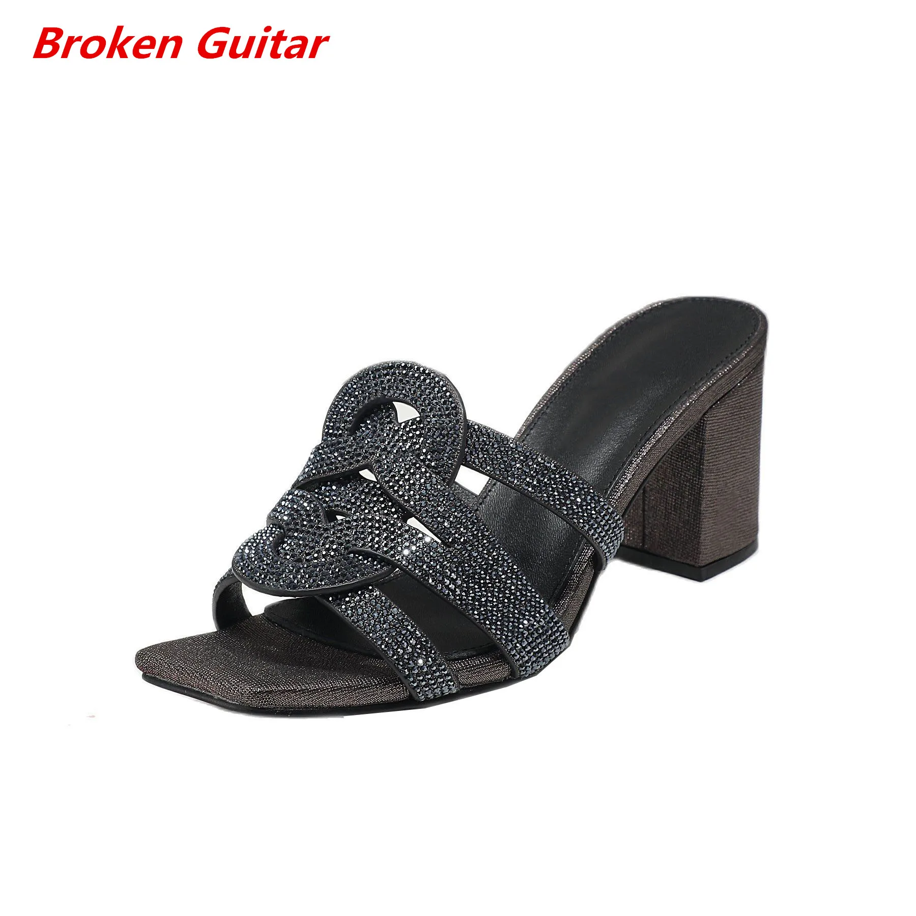 Vasarā vienkārši biezs papēdis atvērtu purngalu pātagot black diamond kvadrātveida galvas augstu papēdi sieviešu sandales pludmales apavi Attēls 0