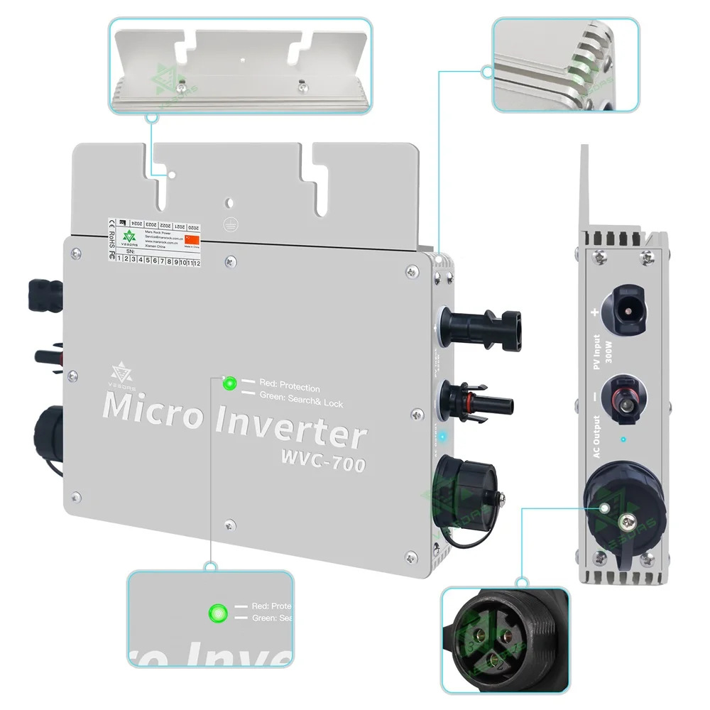 WVC700 Mikro Saules Inversor MPPT Grid Tie Inverter Microinverter Regulators IP65 22-50VDC 110V, 220V 2*350W Saules Valde Attēls 3